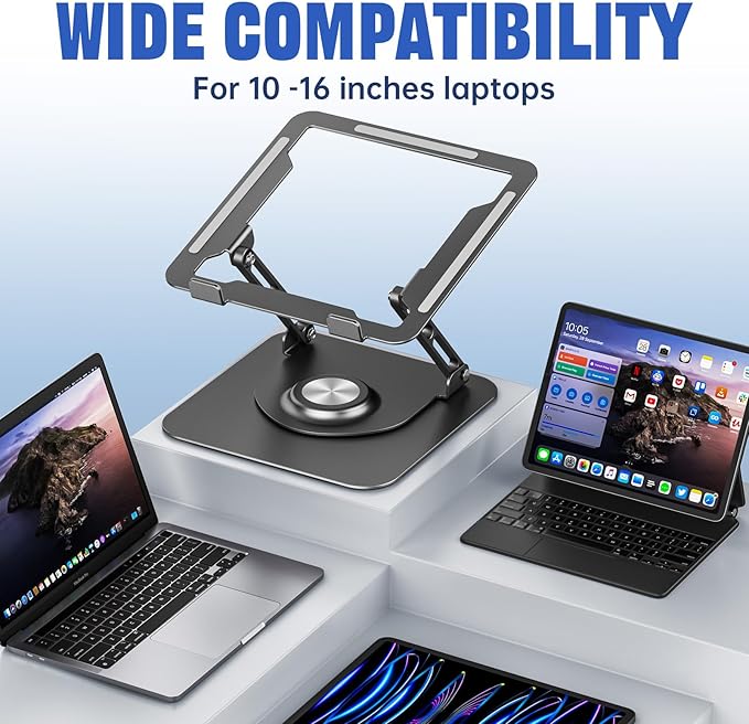 Laptop Stand for Desk, Adjustable Computer Stand with 360° Rotating Base, Ergonomic Laptop Riser for Collaborative Work, Foldable & Portable Laptop Stand, fits for All 10-16" Laptops (Grey)