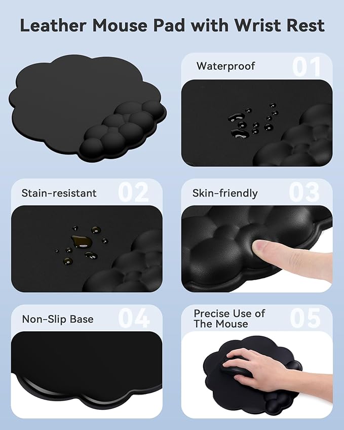 Cloud Wrist Rest for Keyboard and Mouse for Desktop, PU Leather Cloud Computer Keyboard Stand with Mouse Pad, Key Board Wrist Support Riser, Angle Adjustable Arm Rest(Black)