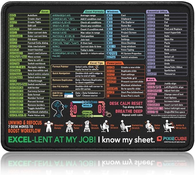 Excel Shortcut Mouse Pad with Windows, Word & PowerPoint Shortcuts - Small Excel Cheat Sheet Desk Pad | Non-Slip Stitched Gaming Mousepad | Large Mouse Pads for Desk Computers & Workstations