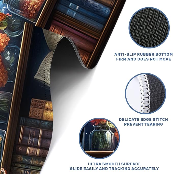 Starry Bookshelf Desk Mat Gaming Large Mouse Pad Blooming Book Flowers Night Mousepad Computer Keyboard Pad Mouse Mat Laptop Mat 31.5 x 11.8 Mouse Pads for Desk Home Office Gaming