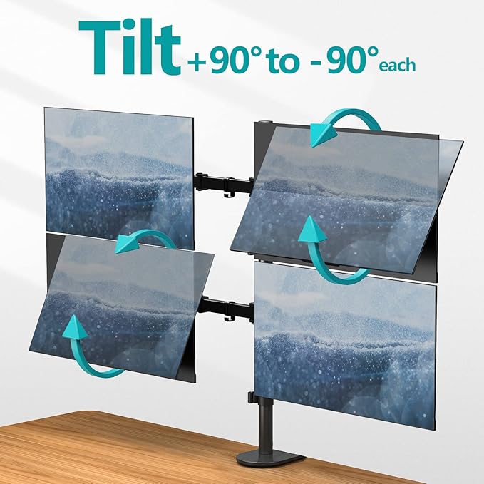 MOUNT PRO Quad Monitor Stand, 4 Monitor Mount for 13 to 32 inch Computer Screens, Hold up to 17.6lbs Each, Fully Adjustable Stacked 4 Desk Arm, VESA Mount, C clamp/Grommet Base