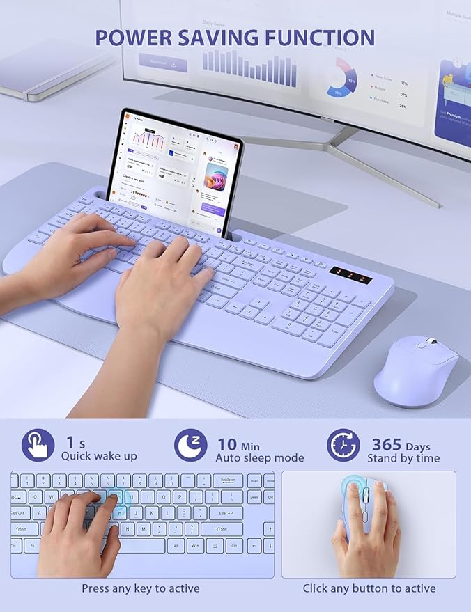 SABLUTE Wireless Keyboard and Mouse, Wrist Rest, Phone Holder, 2.4G Lag-Free Ergonomic Keyboards Mouse Combo, KM23D Silent Keyboards Set for Computer, Laptop, PC, Windows, Purple