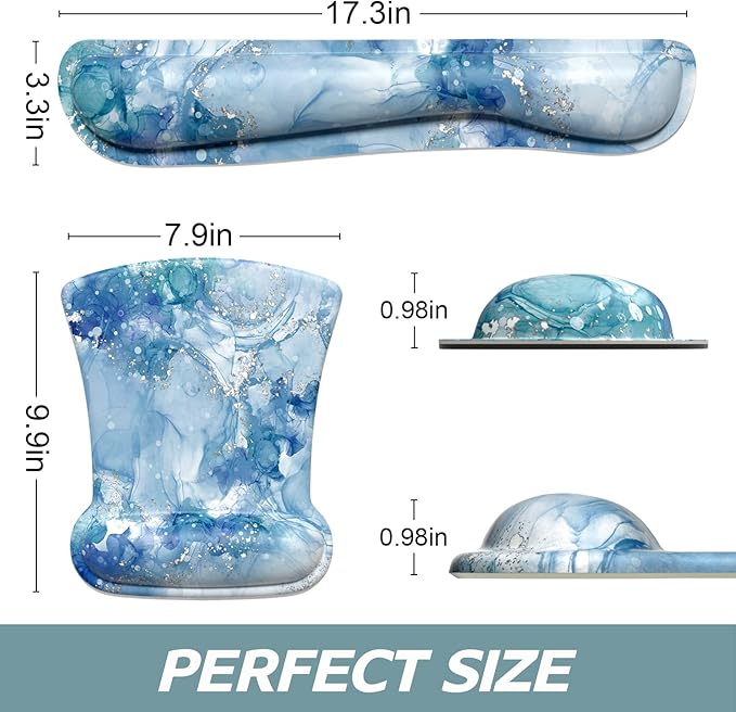 ITNRSIIET Mouse Pad Wrist Support Keyboard Wrist Rest Pad Ergonomic Mousepad Non-Slip Memory Foam Keyboard Pad Easy Typing Pain Relief Perfect for PC Laptop Gaming Office, Blue Abstract Marble