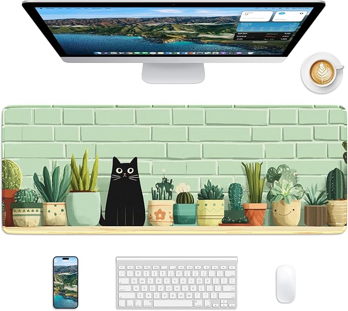 Black Cat Mouse Pad, 31.5 x 11.8 Large Desk Mat with Stitched Edges & Non-Slip Base, Mousepad for Office, Home, Work
