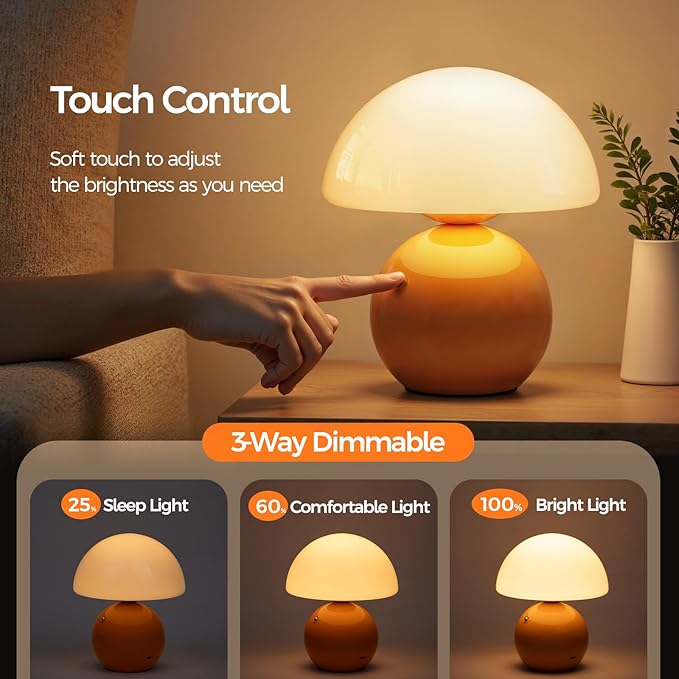 NIORSUN Mushroom Lamp Table Lamp for Bedroom, Portables Cordless Table Lamps Set of 2,Wireless lamp,Bedside Tables Touch for Living Room,Mini Mushroom 5200mAh Battery Operated Lamps Modern Orange
