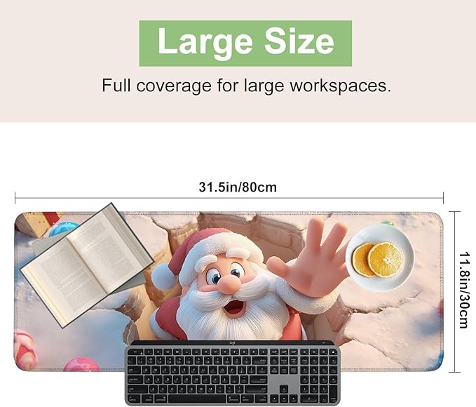 Desk Mat, XXL Extended Gaming Pad for Desktop, 31x12 Inches Santa Breaking Through Wall Design, Large Non-Slip Vegan Leather Keyboard Mouse Mat for Home Office