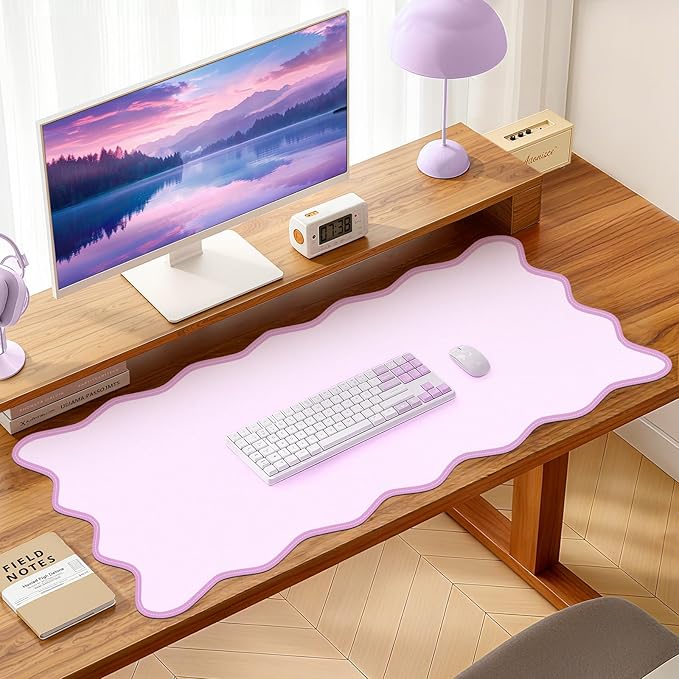 Leather Desk Mat, XXL Large 31.4x15.7in Scalloped Gaming Mouse pad，Non-Slip Rubber Base Keyboard Pad Mousepad for Laptop Computer Game Home Office，Waterproof and Oilproof Desktop Mat I Pink