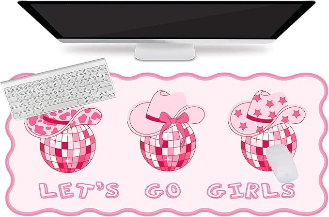 L-SPOUTTO Pink Mouse Pad,Retro Western Cowgirl Desk Mat Large Scalloped Gaming Mousepad,35.4x15.7in Non-Slip Rubber Base Keyboard Pad Waterproof Desktop Mat for Laptop Computer Game Office-Cowgirl