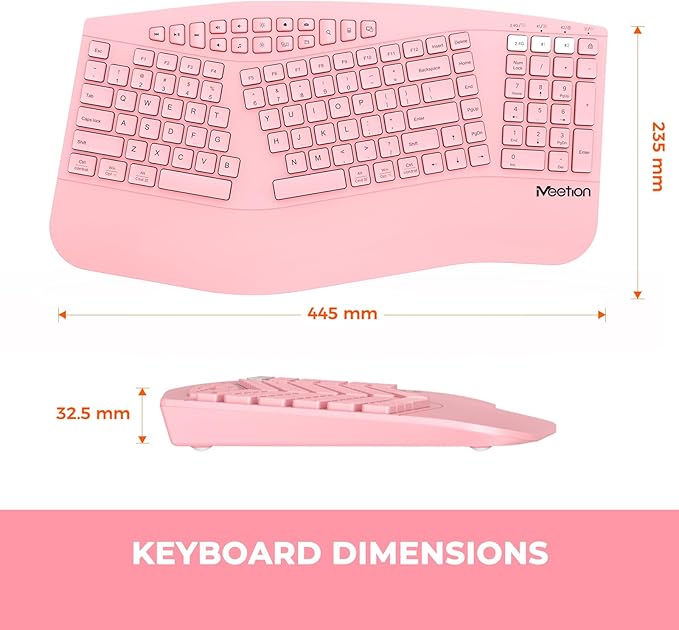 MEETION Ergonomic Keyboard Wireless, Multi-Device Bluetooth Keyboard, Full-Sized Rechargeable Split Computer Keyboards, Wrist Rest for Natural Typing, for Windows/Mac/Laptop/Table/PC, Pink