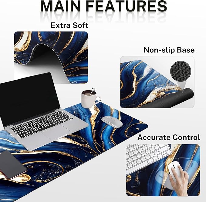 Britimes Blue and Gold Marble Keyboard Mouse Pad Set 4in1 Large Mousepad+Keyboard Wrist Rest+Mouse Wrist Rest+Coaster Set with Ergonomic Design for Home Office Computer 35.4x15.7 inches