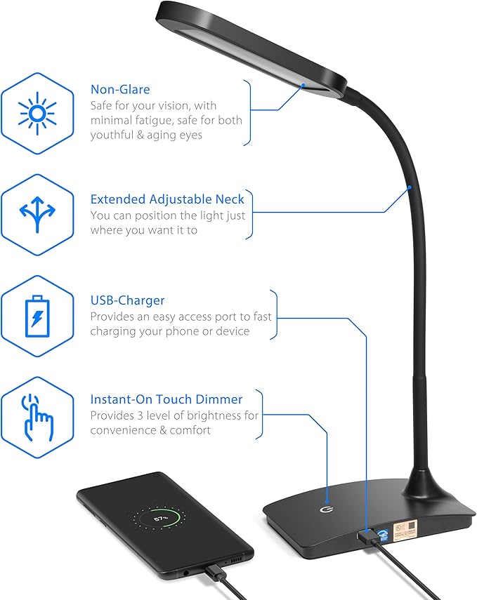 IVY20-40BK Ivy LED Desk Lamp with USB Port for Home Office - Super Bright Small Desk Lamp, a Perfect LED Desk Light as Study Lamp, Bedside Reading Lights (Black)