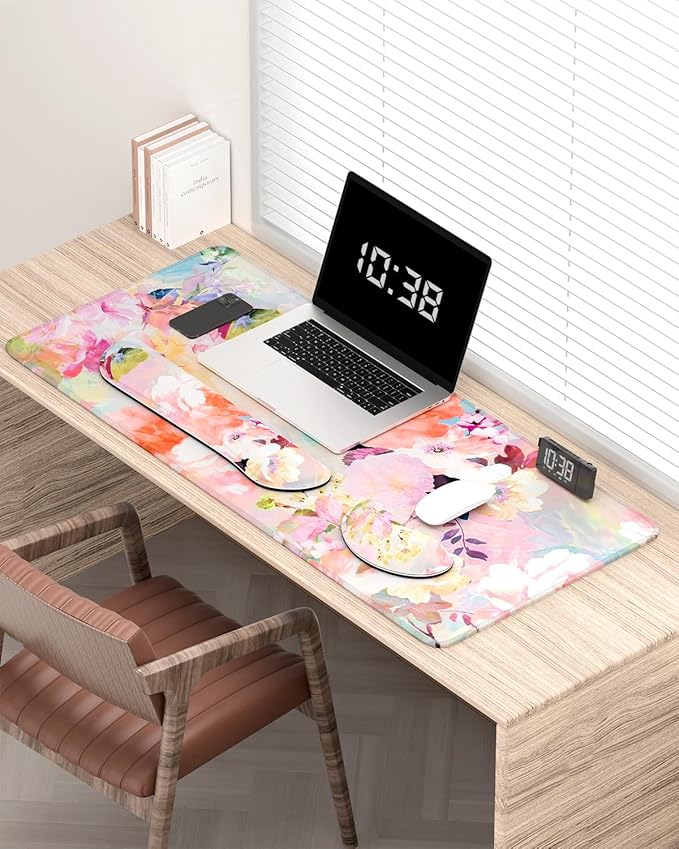 Auhoahsil Large Mouse Pad with Wrist Rests for Keyboard & Mouse, Thick Soft Ergonomic Memory Foam Wrist Supports, Big & Long Desk Mat 35.5 x 15.7 in, for Office Gaming Computer, Pink Flowers
