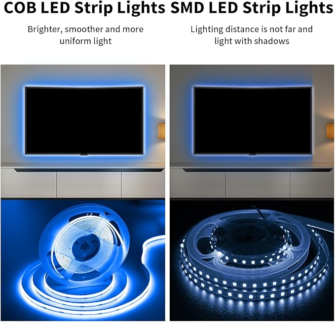 Blue COB LED Strip Light, 5M Cuttable Tape Lights with Power Plug, 1600 LEDs High Bright CRI93+ Flexible Dimmable Light Kit for Teen Boys Bedroom TV Backlight Gaming Room Monitor Kitchen Cabinet Decor