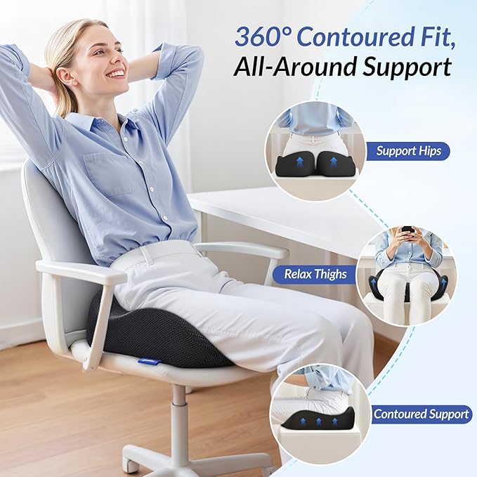 ZIKEE Pioneering Seat Cushion for Pressure Relief, Ergonomic Office Chair Cushion for Coccyx, Back & Lumbar Support, High-Density Memory Foam Car Seat Cushion with Anti-Slip Base