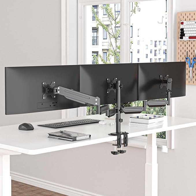 suptek Triple Monitor Mount for Most 17 to 32 inch Screens,Gas Springs Adjustment Triple Monitor Desk Mount Stand with Clamp & Grommet Kit,Black(MD8003)