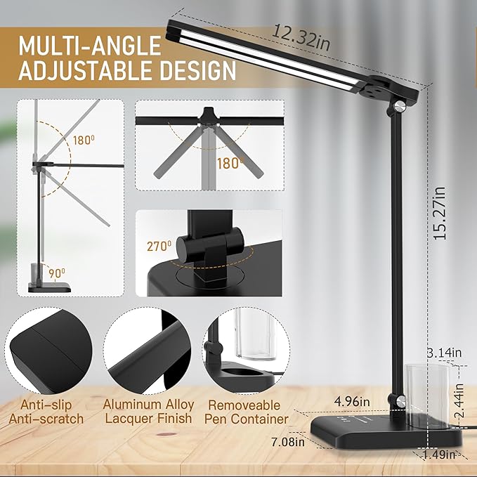 Dimmable LED Desk Lamp with USB Charging Port Bright, 50 Lighting Modes Dual Swing Arm Architect Table Lamp Light Desk Lamp for Home Office Dorm Piano Nail
