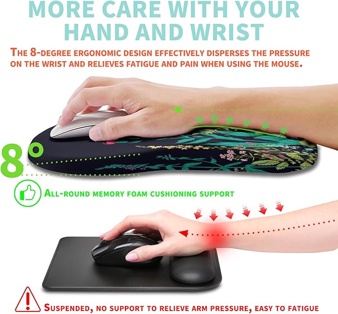 Ergonomic Mouse Pad Wrist Support with Memory Foam Massage Bulge, Carpal Tunnel Mousepad Wrist Rest for Mouse(12x8 inch, Midnight Floral)