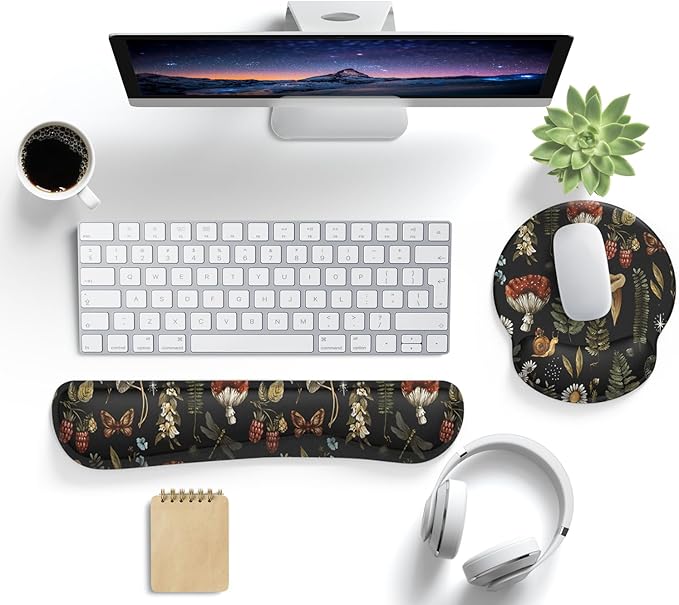 Plant Mushroom Mouse Pad Black Aesthetic Ergonomic Desk Pad Wrist Support Keyboard Wrist Rest Set, Mouse Pad with Non-Slip Pu for Office Comfortable Mouse Wrist Rest for Easy Typing.