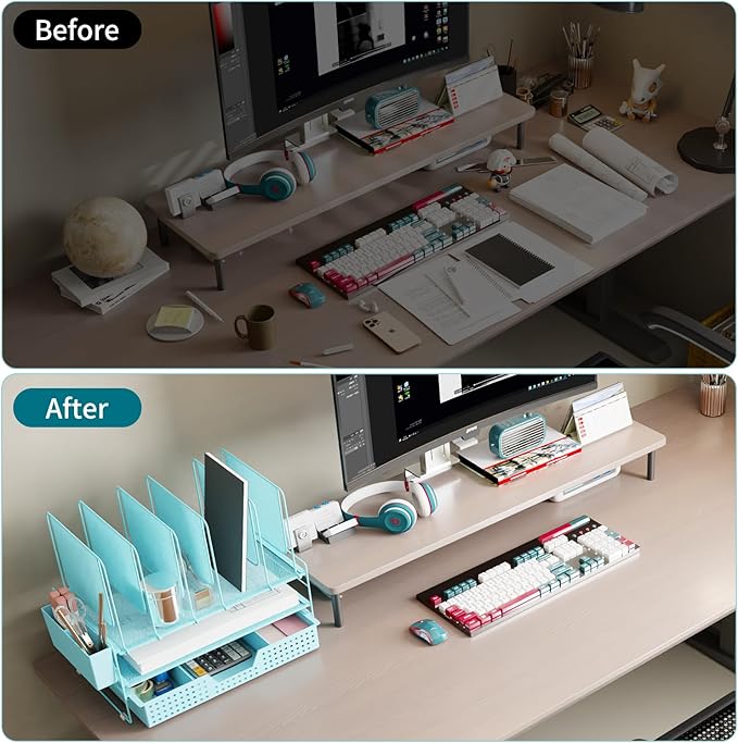 Blue Desk Organizer, Office Organization with Vertical File Holder, File Organizer with Drawer and Pen Holder, Desk Accessories and Workspace Organizers for Home Office (Sky Blue)