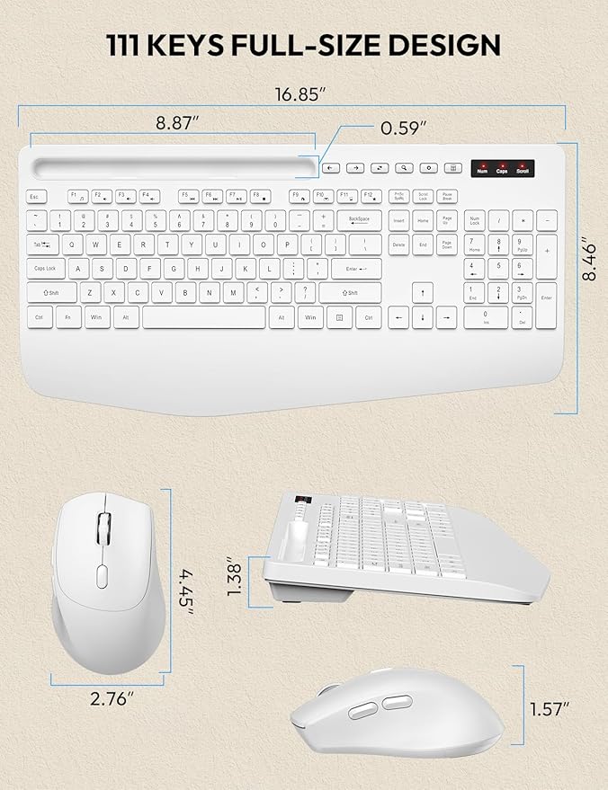 Wireless Keyboard and Mouse, Wrist Rest, Phone Holder, 2.4G Lag-Free Ergonomic Keyboards Mouse Combo, KM23D Silent Keyboards Set for Computer, Laptop, PC, Windows, White -SABLUTE