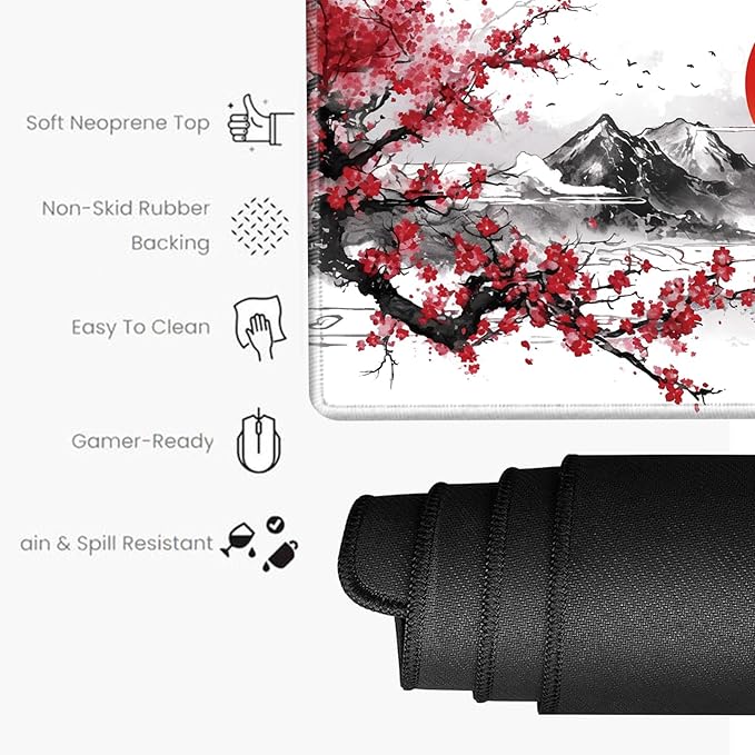 Large Mouse Pad Japanese Cherry Blossom Desk Pad Gaming Mousepad XXL Desk Mat 31.5''X15.75'' Computer Mat Extended Big Mouse Mat for Desktop Office Work Girl Women