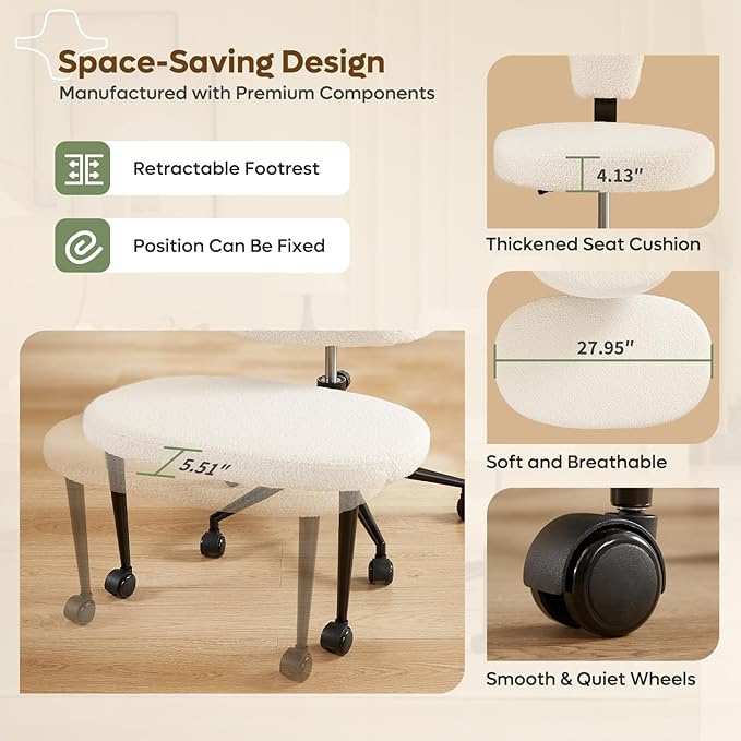 Ergonomic Cross Legged Office Chair Extra Wide for ADHD and Meditation, Kneeling Chair with 360° Swivel Wheels and Reversible Seating, Adjustable Height and Seat Deapth, Teddy Fabric, White