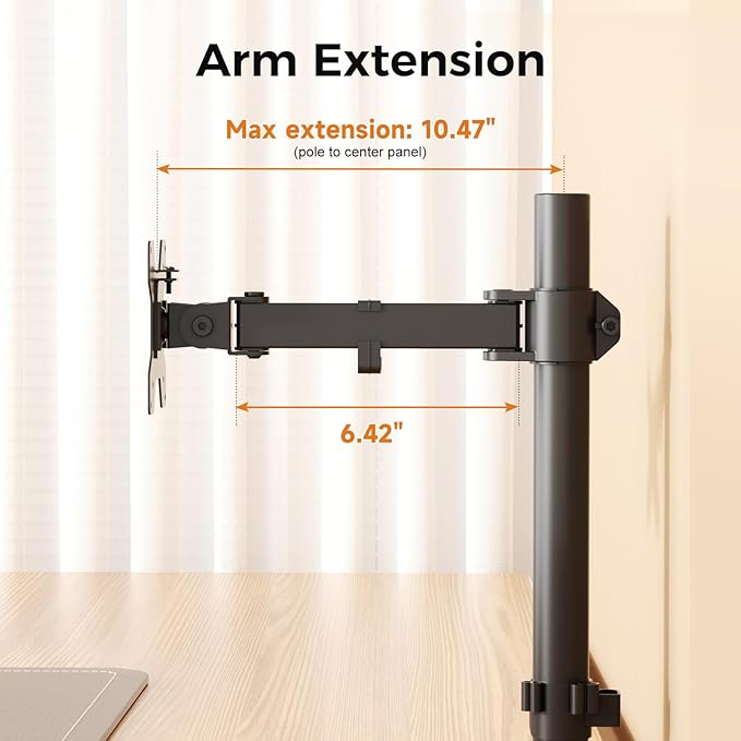 suptek Single Monitor Arm, Universal 1 Tier Arm Fully Adjustable Pole Mount Bracket Monitor Mounting for 13 to 32 inch Screen, Weight up to 22lbs, Mounting Holes 75x75mm to 100x100mm,Black