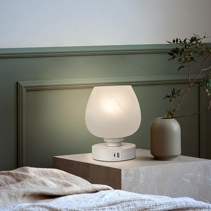 Soilsiu Bedside Table Lamp - Touch Small Lamp for Bedroom Nightstand, 3-Way Dimmable, USB A+C Charging Ports, White Opal Glass Shade, Warm LED Bulb Included