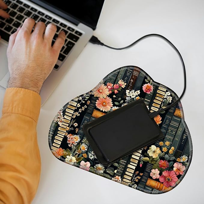 Cute Mouse Pad Plus 1 Coaster, Small Gaming Mouse Mat 11.8 x 9.45 inches, Travel Mouse Pads with Durable Stitched Edges Non-Slip Base, Flowers Bookshelves Decor Mousepad for Office Home