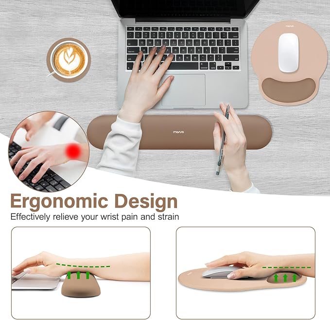 MOSISO Wrist Rest Support for Mouse Pad&Keyboard Set, Circle Curved Ergonomic Mousepad&Coaster Non-Slip Base Home/Office Wrist Support&Easy Typing Pad with Soft Cloth&Silicone Lining, Mocha