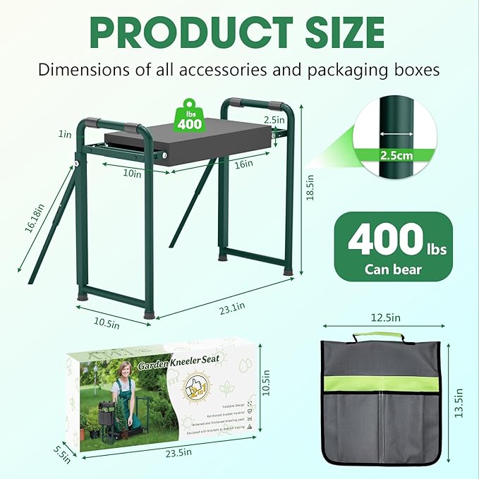 Heavy Duty Garden Kneeler & Seat with Support Legs, 400lbs Capacity Foldable Gardening Stool, Extra Thick Pad & Large Tool Organizer Bag, Ergonomic for Seniors - Dark Green