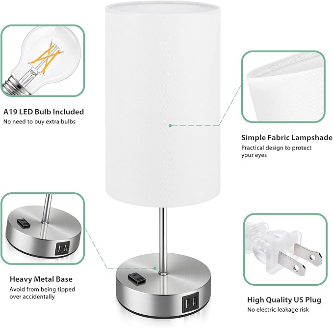 Set of 2 Touch Control Table Lamps with 2 USB Charging Ports&AC Outlet, 3-Way Dimmable Bedside Nightstand Lamps with White Fabric Lampshade for Reading, Bedroom, Living Room, A19 LED Bulbs Included
