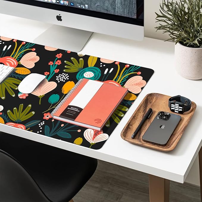 Desk Mat Large Protector Pad 23.6" ×11.8", Non-Slip PU Leather Desk Blotter, Waterproof Mouse Pad for Office Home Black Floral