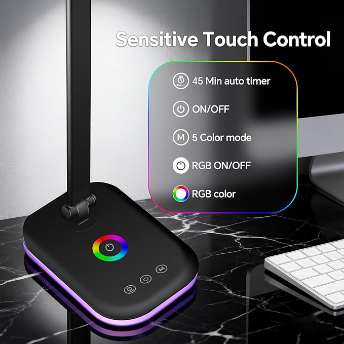 LED Desk Lamp for Office Home, 800 Lumen Bright Puzzle Light, 10%-100% Dimmable Brightness & 5 Color, Eye Caring Desk Light for Reading, Craft, Puzzl, Daily Use | USB desk lamp | 45 Min Timer | RGB