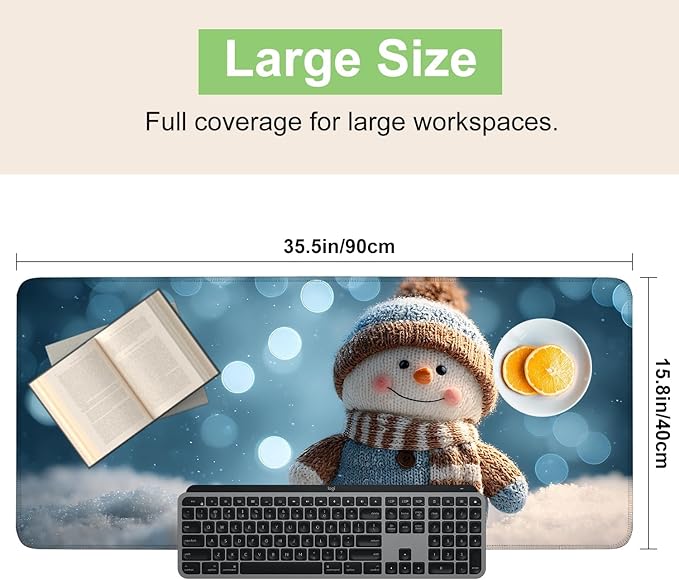 Desk Mat, XXL Extended Gaming Pad for Desktop, 35x16 Inches Scarf and Hat Snowman, Large Non-Slip Vegan Leather Surface with Stitched Edges, Keyboard Mouse Mat for Home Office