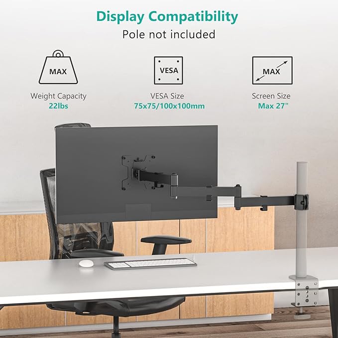 WALI Single Monitor Arm, Universal 3 Tier Arm Fully Adjustable Pole Mount Bracket for WALI Monitor Mounting System (001ARMXL), Black