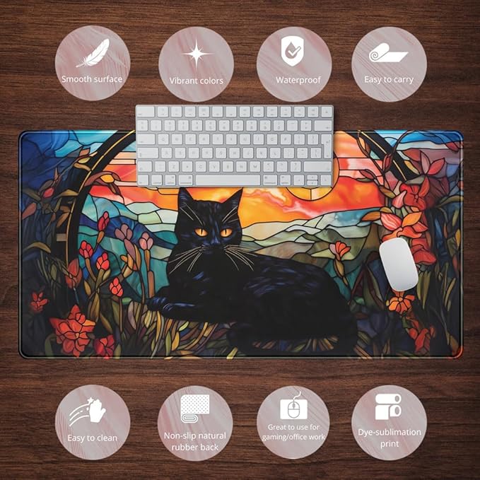 Black Cat Desk Mat Vintage Sunset XXL Large Mouse Pad Laptop Desk Mousepad with Stitched Edges, Keyboard Pad Mouse Mat for Work Game Office Desk Accessories 31.5x15.7 in