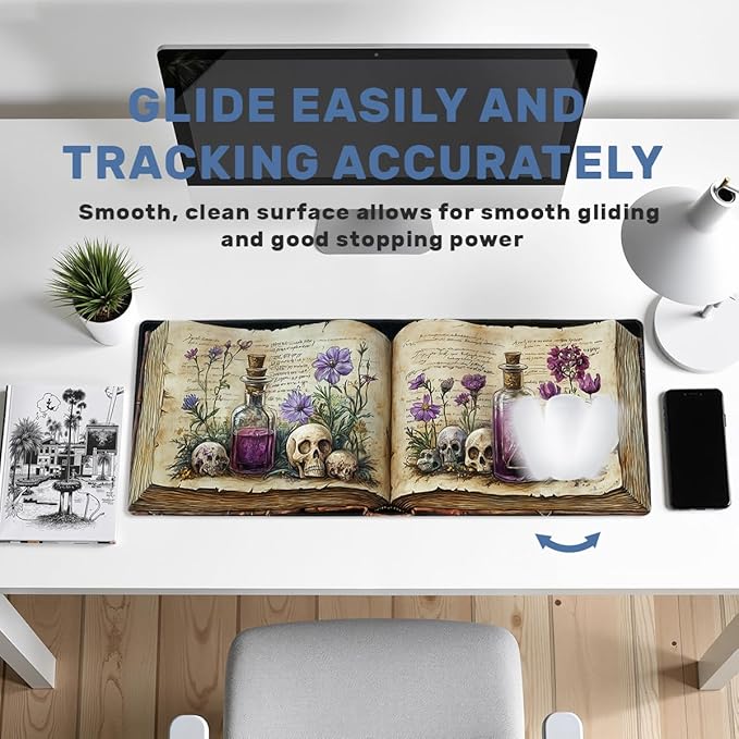 Bookshelf Desk Mat Gaming Mouse Pad Mystic Plants Dark Grimoire Magic Skull Mousepad for Keyboard and Mouse Extra Large Full Desk Computer Pads 31.5 x 11.8 Mouse Pads for Desk Home Office Gaming