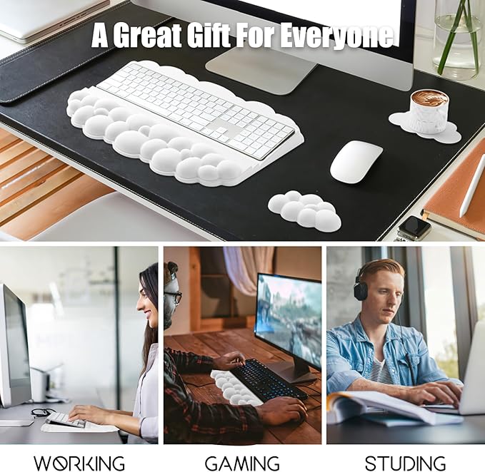 Ergonomic Wrist Rest for Keyboard and Mouse, Soft Memory Foam Cloud Keyboard Stand Pad with Wrist Rest Set, Easy Typing, Comfort for Office, Work, Gaming - White