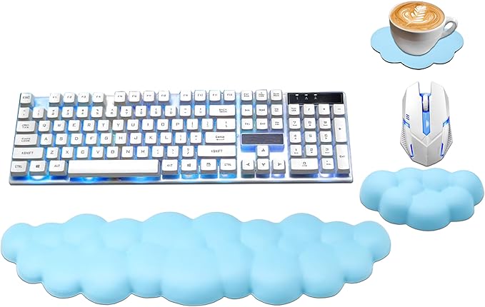 Cloud Wrist Rest Keyboard, PU Leather Memory Foam Wrist Support for Computer Keyboard, Ergonomic Keyboard Pad and Cute Mouse Wrist Pad for Gaming, Office, Computer, Easy Typing, Sky Blue