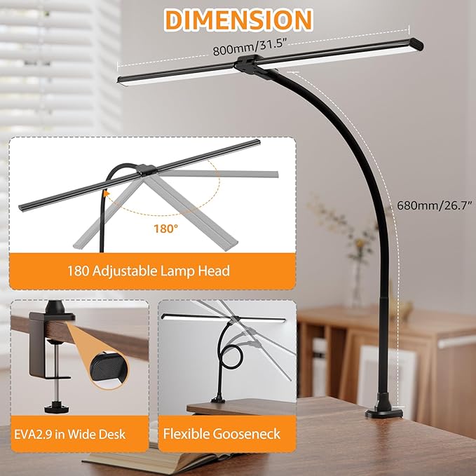 ShineTech LED Desk Lamp, 31.5" Ultra Wide Double Head Architect Light with Clamp, 50 Adjustable Lighting Modes, Eye-Caring Bright Task Lamp for Home Office, Large Monitor, Memory & Auto-Off Timer