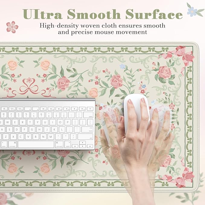 HAOCOO Cute Floral Desk Mat, Green Mouse Pad, Waterproof Desk Matt for Desktop, 35.4" x 15.7" Non-Slip Desk Mouse Pad, Keyboard Mat with Stitched Edge, Desk Pad Mat for Office, Home