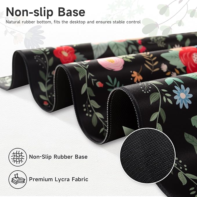 HAOCOO Floral Desk Pad for Keyboard and Mouse, Large Mouse Pad for Desk, Non-Slip Keyboard Mat, Computer Mats for Desk, Desk Pad with Stitched Edges for Office, Gaming(Black)