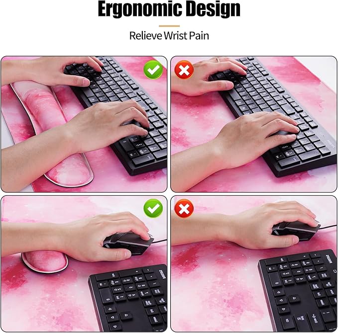 Bloss Pink Mouse Pad+Wrist Rest, 4-in-1 Larg Desk Pad Mat, Anti-Slip Keyboard Pad, Gaming Mouse Pad, Cute Desk Accessories for Keyboard and Mouse-Pink Clouds (31.5 x 15.7 Inches)