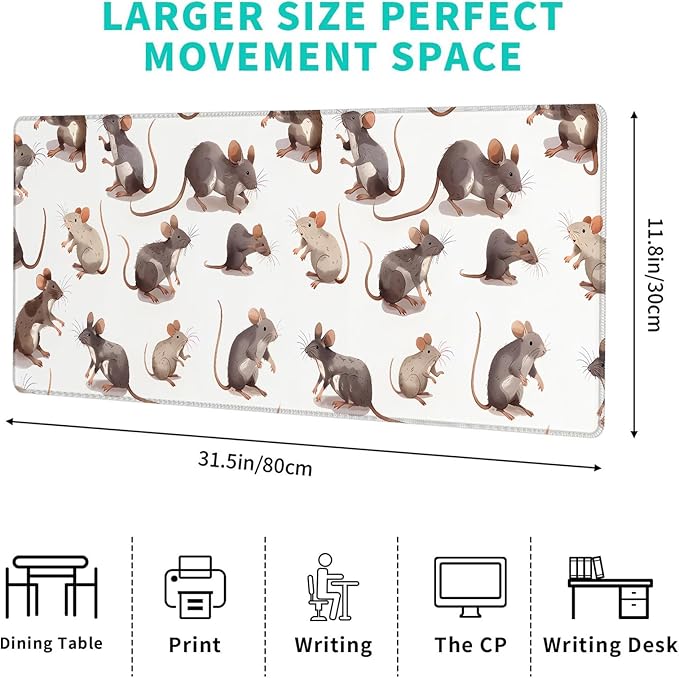 Cute Rat Gaming Mouse Pad,12x31.5in Non-Slip Rubber Mice Adorable Rodent Desk Mat,Large Extended Animal Mousepad for Office Home Laptop,Mice Pads Gifts,Game Lover Deskmat Decor