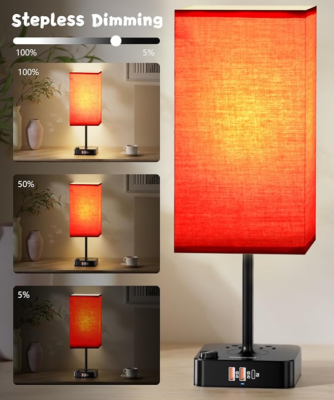 Bluetooth/WiFi RGB & USB Bedside Table Lamp with 3 USB Charging Ports 2 Outlets Power Strip, LED Light Bulb Dimmable, Music Sync Color Changing Light (RGB - Red Shade)