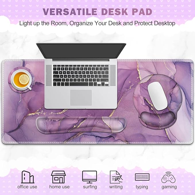 ToLuLu Desk Mat, XXL Large Mouse Pad Wrist Support Set，4 in1 Gaming Mousepad Desk Pad+ Ergonomic Mouse Pad with Wrist Rest + Keyboard Wrist Rest+Coaster for Women Home Office Computer, Purple Marble
