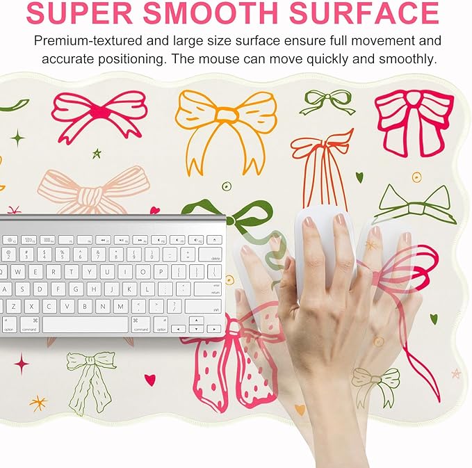 L-SPOUTTO Cute Mouse Pad,Girly Bow Desk Mat XXL Large Scalloped Gaming Mousepad,35.4x15.7in Non-Slip Rubber Base Keyboard Pad Waterproof Desktop Mat for Laptop Computer Work Game Home Office-Ribbon