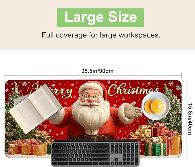 Desk Mat, XXL Extended Gaming Pad for Desktop, 35x16 Inches Jolly Santa with Tree, Large Non-Slip Vegan Leather Surface with Stitched Edges, Keyboard Mouse Mat for Home Office