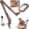 10X Large Magnifying Glass with Light and Clamp, Real Glass, 5 Color Modes, Stepless Dimmable, Lighted Magnifier with Stand Hands Free, LED Swing Arm Desk Lamp for Close Work, Craft, Reading - Red